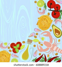 Fresh seafood flat design with copy space on wooden blue background. Top view vector illustration eps 10