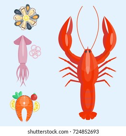 Fresh seafood flat vector illustration fish gourmet delicious restaurant cooking gourmet sea food meal.