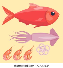 Fresh seafood flat vector illustration fish gourmet delicious restaurant cooking gourmet sea food meal.