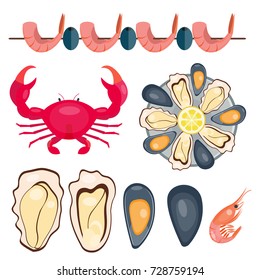 Fresh seafood flat vector illustration fish gourmet delicious restaurant cooking gourmet sea food meal.