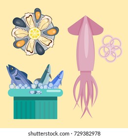 Fresh seafood flat vector illustration fish gourmet delicious restaurant cooking gourmet sea food meal.