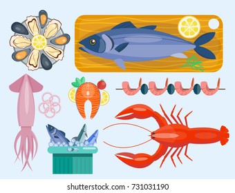 Fresh seafood flat vector illustration fish gourmet delicious restaurant cooking gourmet sea food meal.