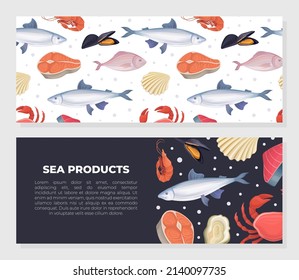Fresh seafood horizontal banners set. Restaurant or fish market advertising, poster, card, packaging design vector illustration