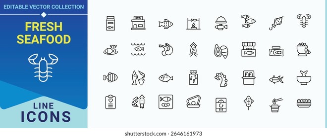 Fresh Seafood icon set. Includes thin line symbols grilled, sea, cooking, baked fish, fish fry, fishing, seafood soup and more. Seafood linear icon set. Isolated icons. Vector illustration.