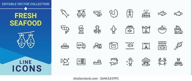 Fresh Seafood icon set. Includes thin line symbols grilled, sea, cooking, baked fish, fish fry, fishing, seafood soup and more. Seafood linear icon set. Isolated icons. Vector illustration.