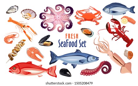 Fresh seafood icon set isolated on white background, sea meat products for restaurant or cafe design, salmon, oyster, crab, spiny lobster, squid, vector illustration