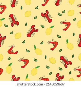 fresh seafood with lemon and basil leaf. hand drawn vector. seamless pattern with lobster, shrimp, lemon and basil leaf illustration. delicious cuisine. wallpaper, wrapping paper, fabric, backdrop. 