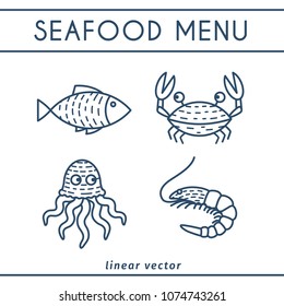 Fresh Seafood linear icons with fish, octopus, shrimp, crab. Vector emblems set for seafood shops or restaurants