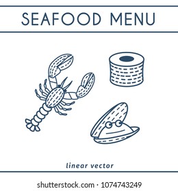 Fresh Seafood linear icons with lobster, oyster, sushi roll. Vector emblems set for seafood shops or restaurants