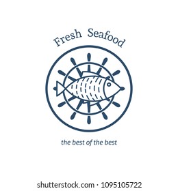 Fresh Seafood logo with fish. Vector emblem for seafood shops or restaurants