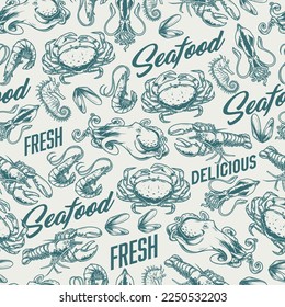 Fresh seafood monochrome pattern seamless with shrimps and crabs or mussels near octopuses for marine restaurant vector illustration