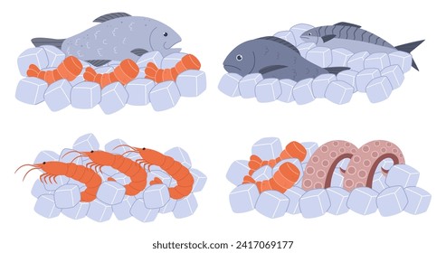 Fresh Seafood Nestled In Glistening Ice, Frosty Embrace Preserving Ocean Fishes, Shrimps and Octopus. The Chill Promises Succulence, Inviting A Symphony Of Flavors. Cartoon Vector Illustration