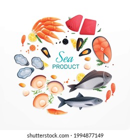 Fresh seafood products realistic circular advertising composition with salmon tuna fish steaks shellfish oysters shrimps vector illustration