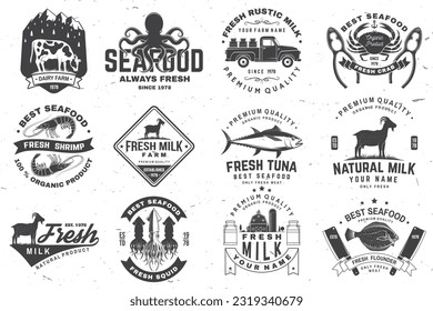 Fresh seafood and rustic milk badge, logo. Vector. Typography design with octopus, shrimp, crab, tuna, squid, cow, milk farm silhouette. Template for seafood, dairy and milk farm business - shop