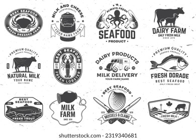 Fresh seafood and rustic milk badge, logo. Vector. Typography design with octopus, shrimp, crab, lobster, dorade, trout, cow, milk farm silhouette. Template for seafood, dairy and milk farm business -