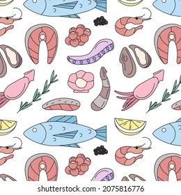 fresh seafood. seamless pattern with colored doodle elements, salmon steak and fillet, octopus, shrimp, oyster, lemon, rosemary, mollusk