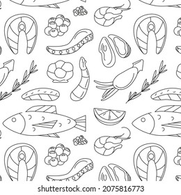 fresh seafood. seamless pattern with outline doodle elements, salmon steak and fillet, octopus, shrimp, oyster, lemon, rosemary, mollusk