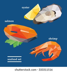 fresh seafood set / food / oyster / shrimp / prawn / salmon / vector