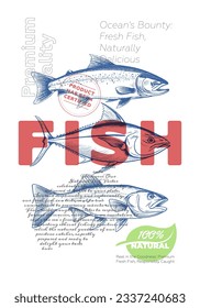 Fresh seafood shop advertising poster with vintage fish sketch. Fishy market retro print. Sea food label creative typography template. Natural marine product placard engraving hand drawing eps artwork