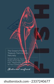 Fresh seafood shop poster. Vintage sketch fish on colored background. Fishy market retro print. Sea food label creative typography template. Natural marine product placard. Engraving drawn eps artwork