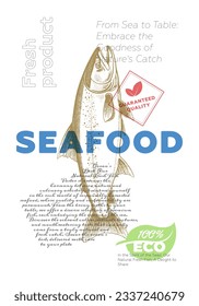Fresh seafood shop poster. Vintage sketch fish with promo text. Fishy market retro print. Sea food label creative typography template. Natural marine product placard engraving drawing vector artwork