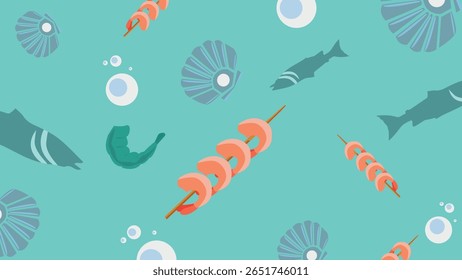 Espetos de frutos do mar frescos, peixes, camarões e conchas em um fundo aquático leve. Um design submarino brincalhão para conceitos culinários e oceânicos.