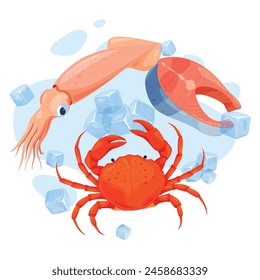 Fresh seafood squid crab and salmon steak with ice cubes isometric vector illustration. Marine sea food restaurant market supermarket menu frost freeze storage ingredient for cooking healthy eating