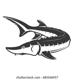 Fresh seafood. Sturgeon icon on white background. Design element for logo, label, emblem, sign. Vector illustration