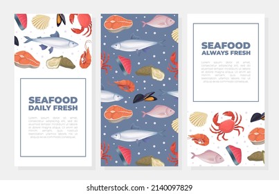 Fresh seafood vertical banners set. Restaurant or fish market advertising, poster, card, packaging design vector illustration