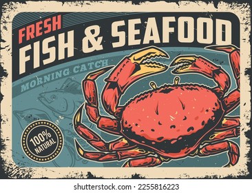 Fresh seafood vintage poster colorful with crab from menu of fish restaurant for sign or advertising booklet vector illustration