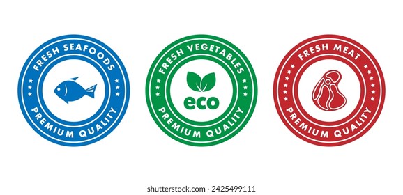 Fresh Seafoods, Vegetables, Meat. Vector labels for food packaging.