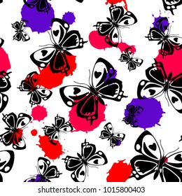 Fresh seamless butterfly cloth background with pink, magenta and violet blotter on white. Flying butterfly linen theme vector. Repeating insect fabric backdrop for garments.
