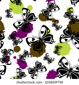 Fresh seamless butterfly cloth template with purple, green and brown blotter on white. Spring butterfly linen theme vector. Repeating insect fabric artwork for garments.