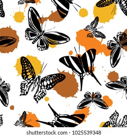 Fresh seamless butterfly kite background with orange and mustard brown blotters on white. Wildlife butterfly hover theme vector. Repeating insect soar artwork for advertising.
