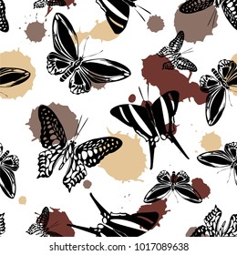 Fresh seamless butterfly kite template with brown and sandy blotter on white. Season butterfly hover theme vector. Repeating insect soar clipart for advert.