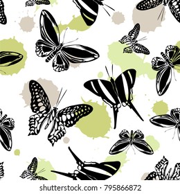 Fresh seamless butterfly kite texture with green and brown blotter on white. Season butterfly hover theme vector. Repeating insect soar backdrop for marketing purposes.