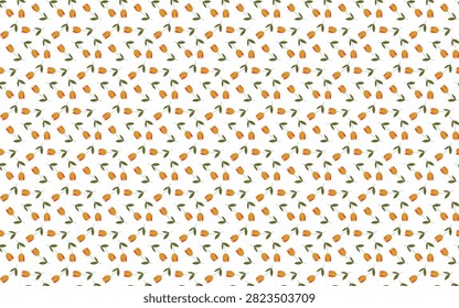 Fresh seamless floral pattern featuring orange tulip flowers with green leaves on a white background. Suitable for textiles, wallpaper, wrapping paper, stationery, apparel, packaging, scrapbook paper, and surface pattern design.