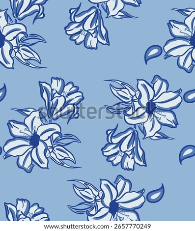 Fresh seamless floral pattern featuring hand-drawn blue flowers and leaves on a soft light blue background, perfect for summer dresses, resort wear, menswear shirts, kidswear, home textiles