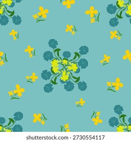 Padrão de vetor floral fresco sem emenda com flores amarelas e azuis no fundo pastel. Ideal para impressão de tecido, design têxtil, moda, papel de parede, papel de embrulho e produtos digitais.