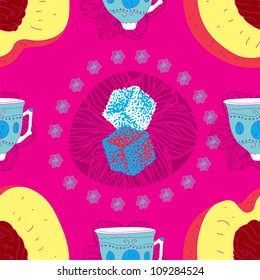 Fresh Seamless Fruit Futuristic Pattern With Coffee Cups, Peaches and Sugar