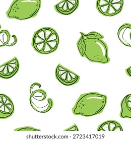 Cal sem emenda fresca com citrinos desenhados à mão, fatias de cal e cascas na cor verde sobre fundo branco. Ilustração vetorial.