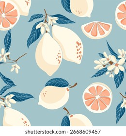 Patrón fresco sin fisuras de limones y hojas crema con flores blancas sobre fondo azul, ideal para el verano, cocina y diseños cítricos.