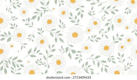 Fresco patrón sin fisuras con delicadas margaritas blancas con centros amarillos, repartidas artísticamente entre elegantes hojas verdes, creando un fondo floral sereno y natural.