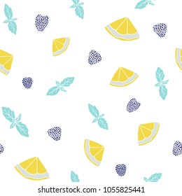 Fresh seamless pattern with fruits and berries. Hand drawn sweet print.