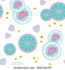 Fresh seamless pattern with fruits and berries. Hand drawn sweet print.