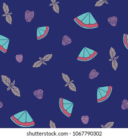 Fresh seamless pattern with fruits and berries. Hand drawn sweet print.