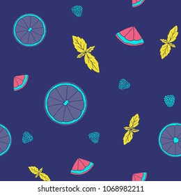 Fresh seamless pattern with fruits and berries. Hand drawn sweet print.