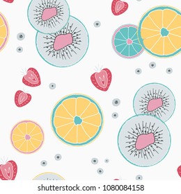 Fresh seamless pattern with fruits and berries. Hand drawn sweet print.