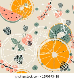Fresh seamless pattern with fruits and berries. Hand drawn sweet print.