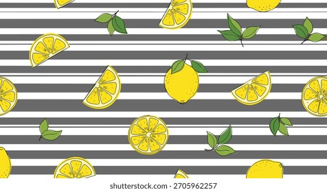 Fresco patrón sin fisuras con limones amarillos dibujados a mano y hojas verdes sobre un moderno fondo de rayas Horizontales grises y blancas.